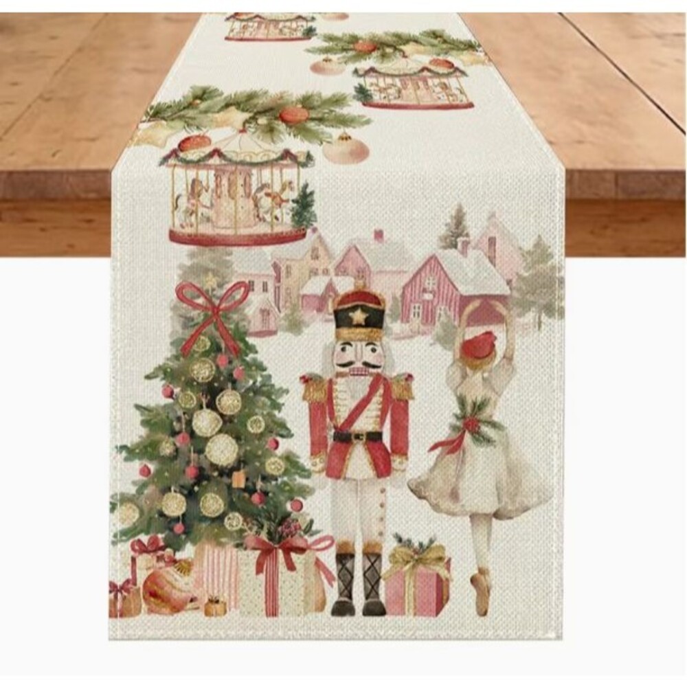 Christmas Table Runner 13x72in Woven Polyester Nutcracker Tree Gifts